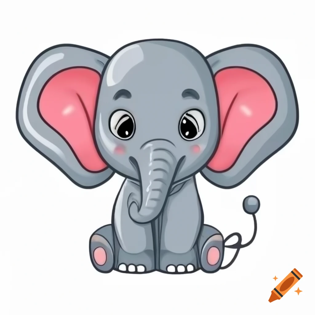 Cute baby elephant in cartoon style on white background