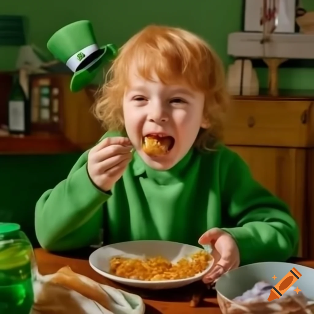 Ginger boy enjoying potatoes during Saint Patrick's Day celebration