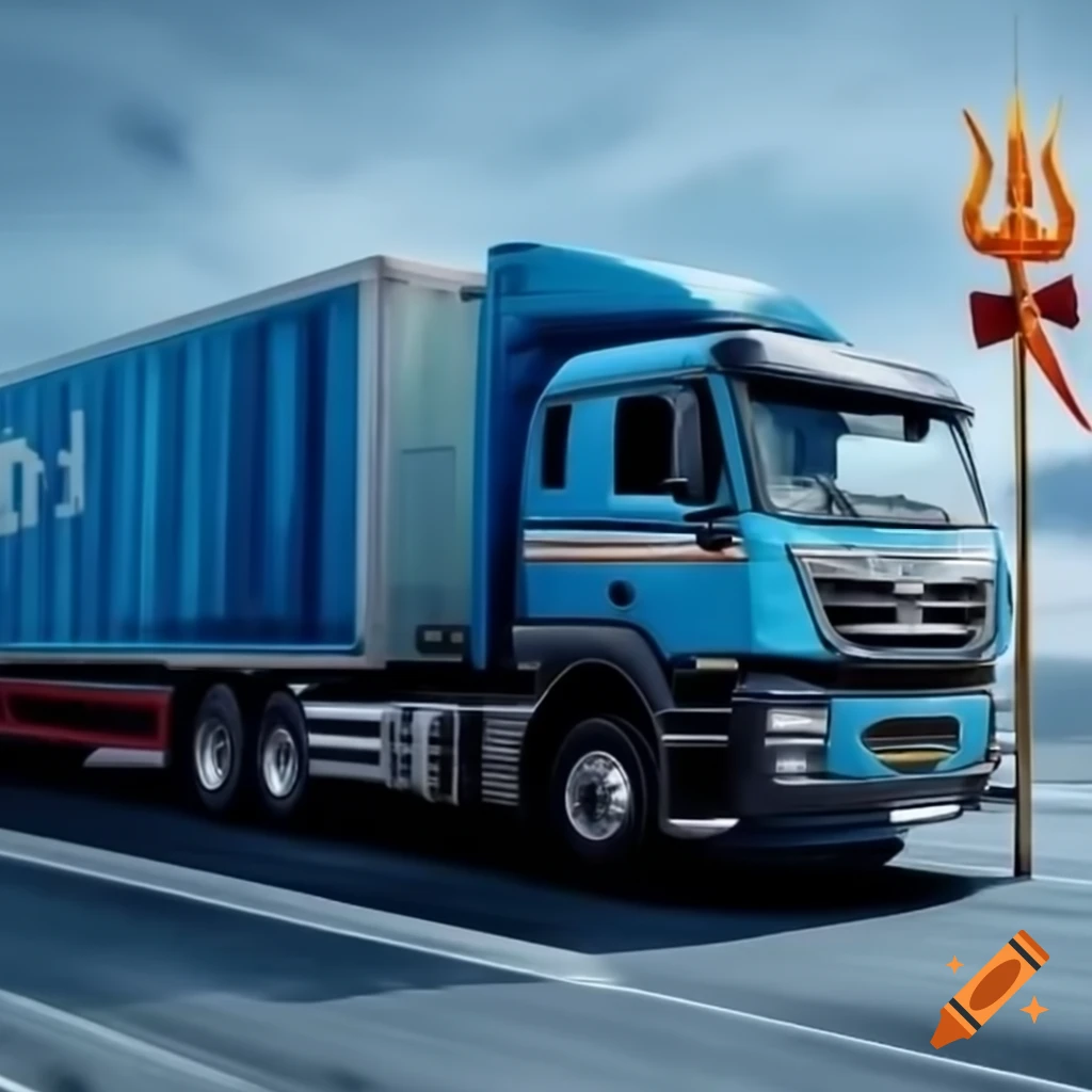 Truck with trishul design for Shivratri, blue and white tones