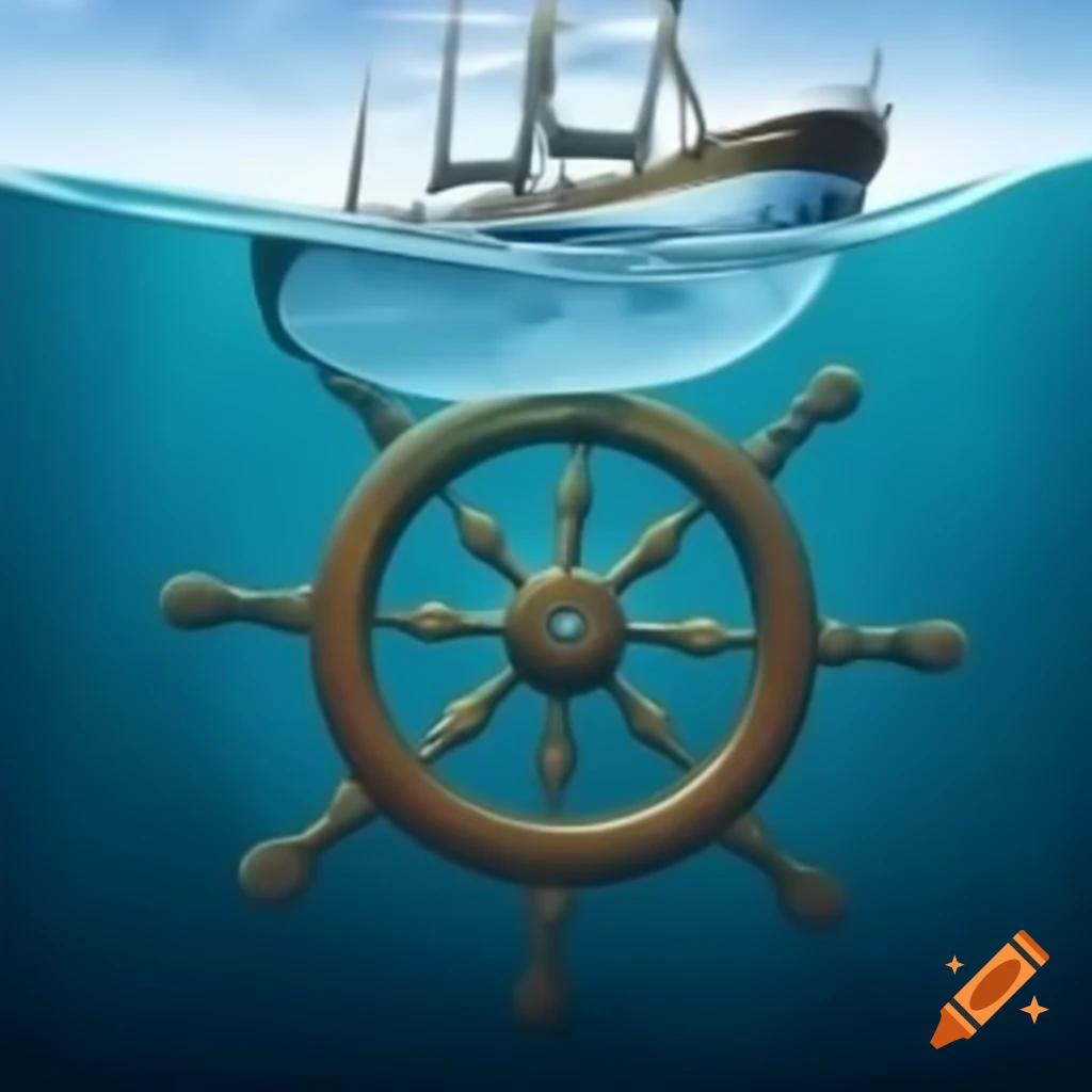 Stylized ship's wheel mirror submerged underwater