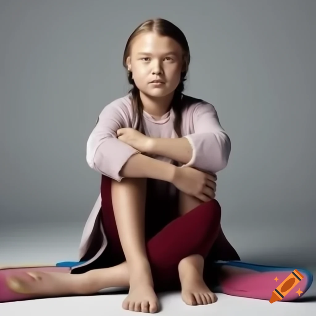Greta Thunberg sitting barefoot, focused expression on her face