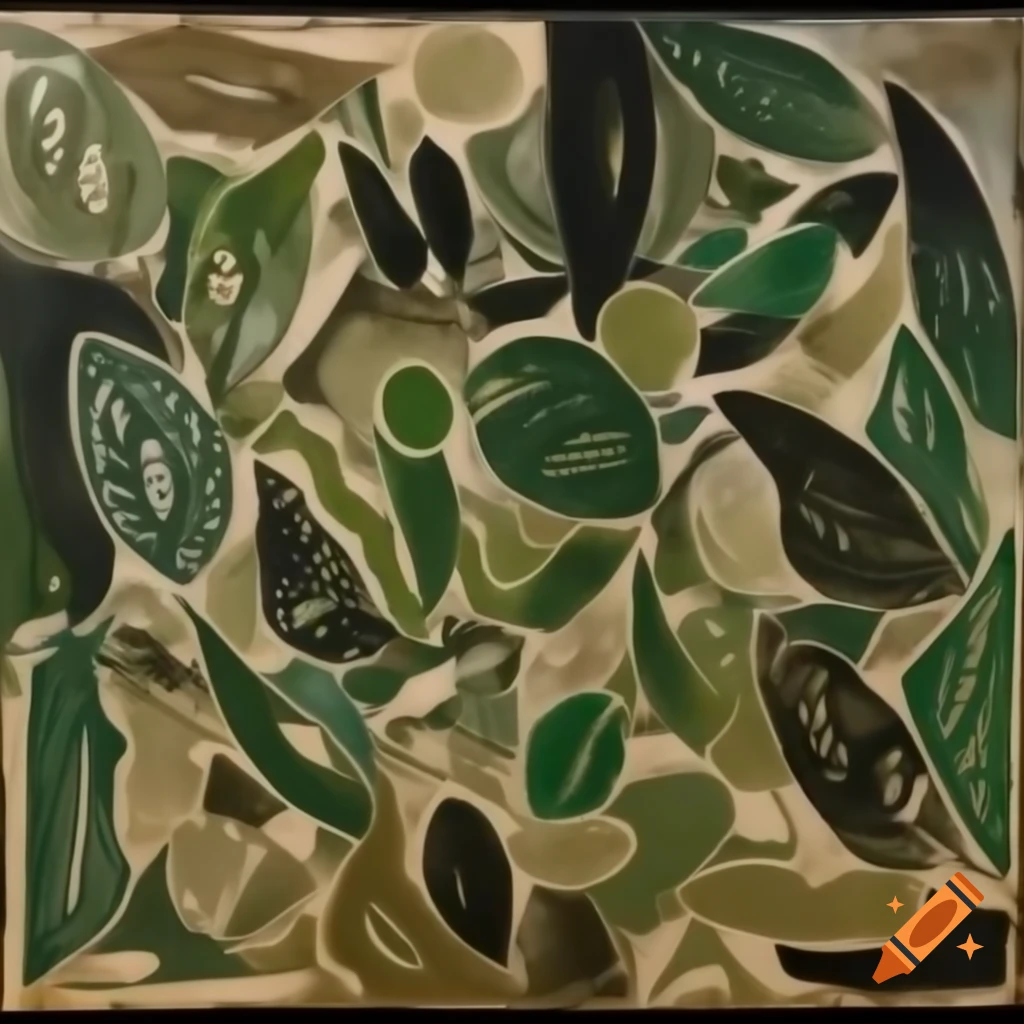 Intricate abstract collage with leaves, geometric shapes, and feathers in harmonious colors