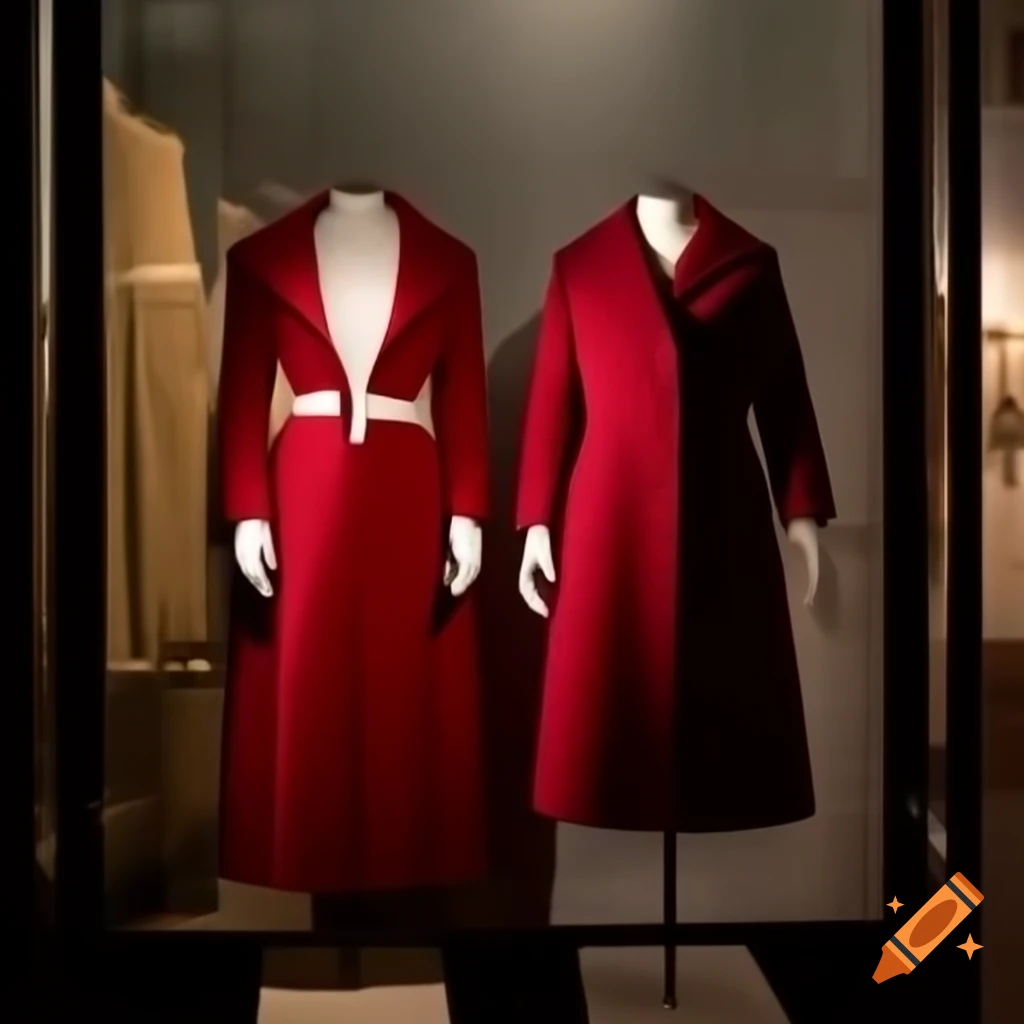 Mysterious ambiance with two female mannequins wearing heels, one in a long dark red coat