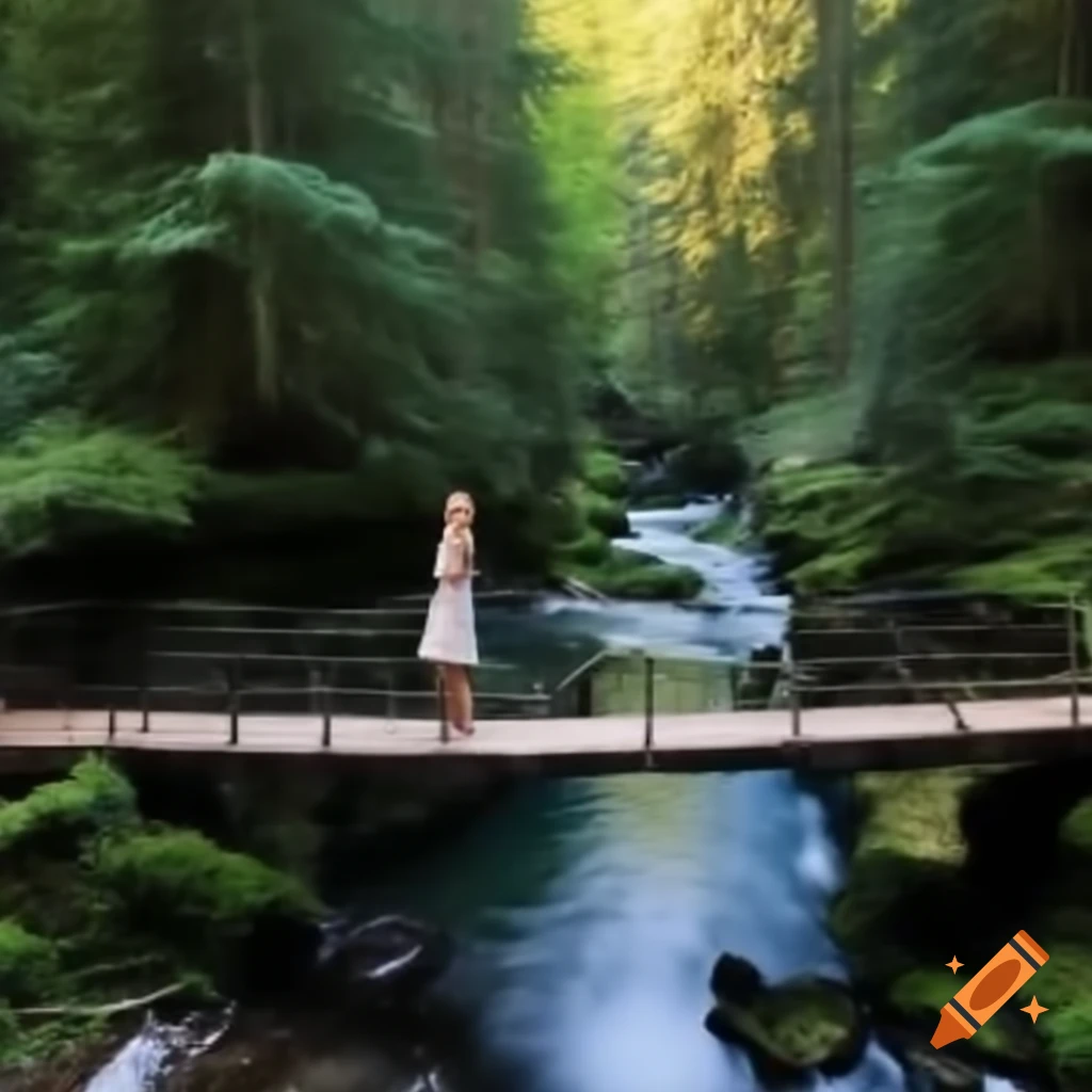 Woman standing on bridge over river in the woods on Craiyon