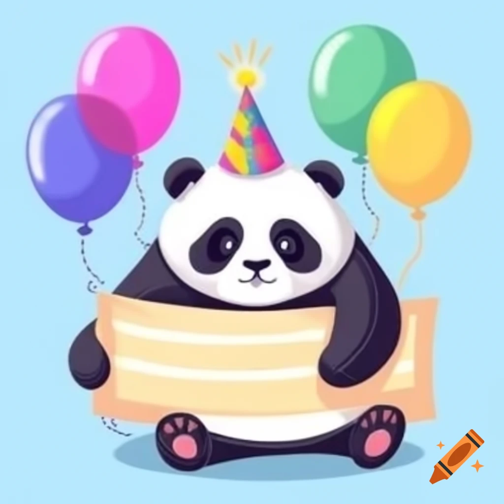 Panda holding birthday banner with colorful balloons