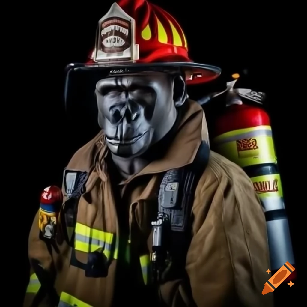 Courageous gorilla in fire helmet leading firefighting team with extinguishers