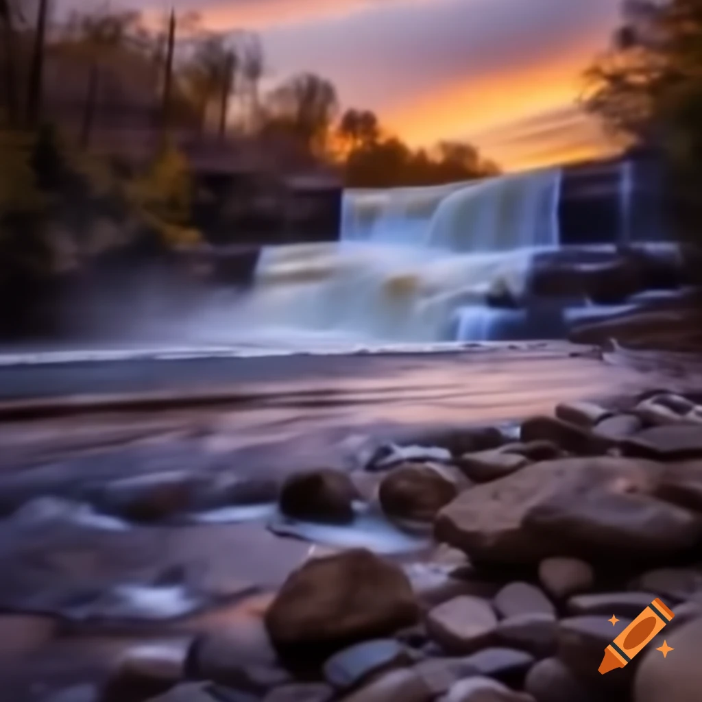 Large waterfall at dusk on river with rocky banks in fall, Kentucky