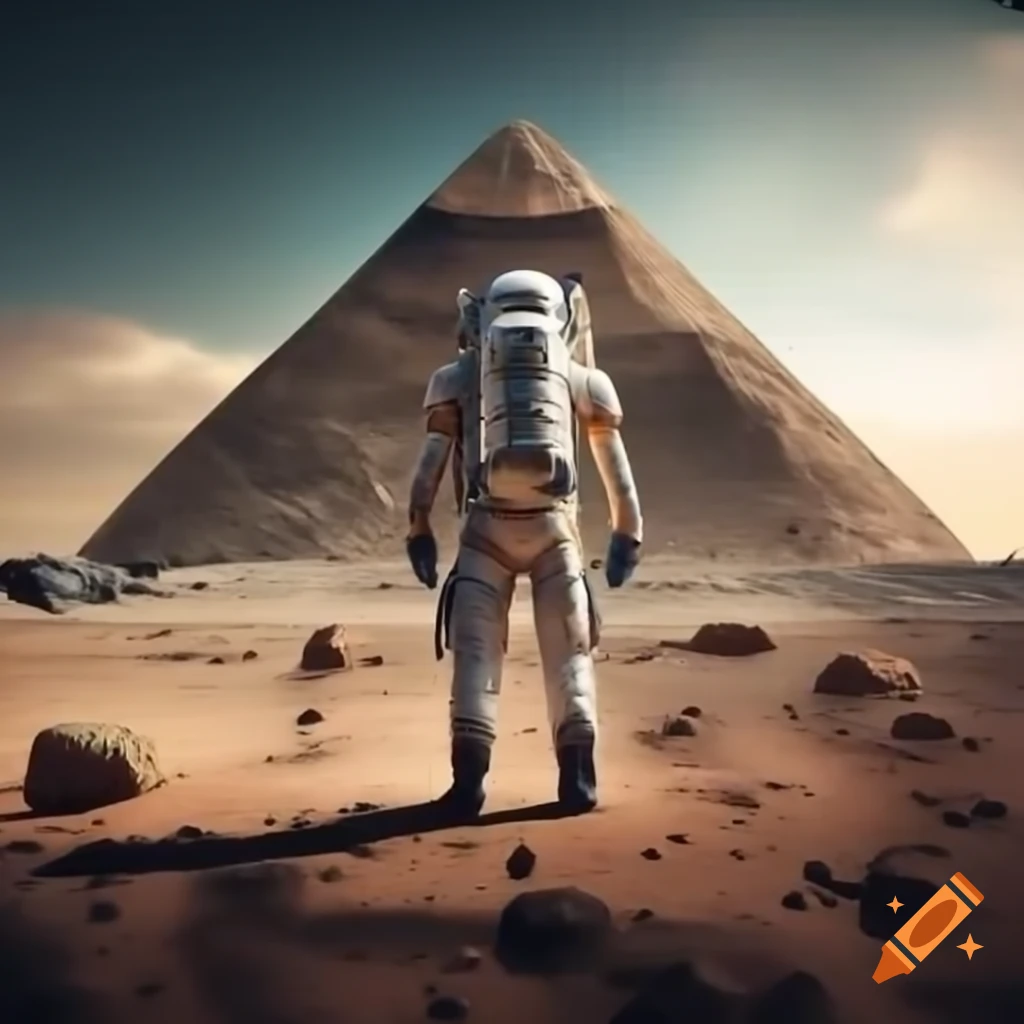 Astronaut on Mars observing a giant pyramid structure