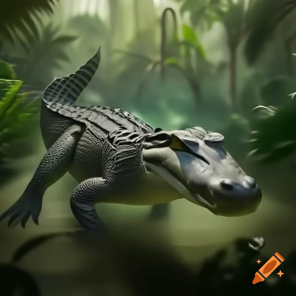 Crocodile chasing rabbit in jungle, with lion nearby on Craiyon