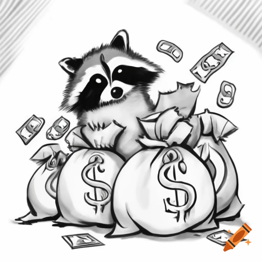 Whimsical black and white sketch of bandit raccoon with money bags