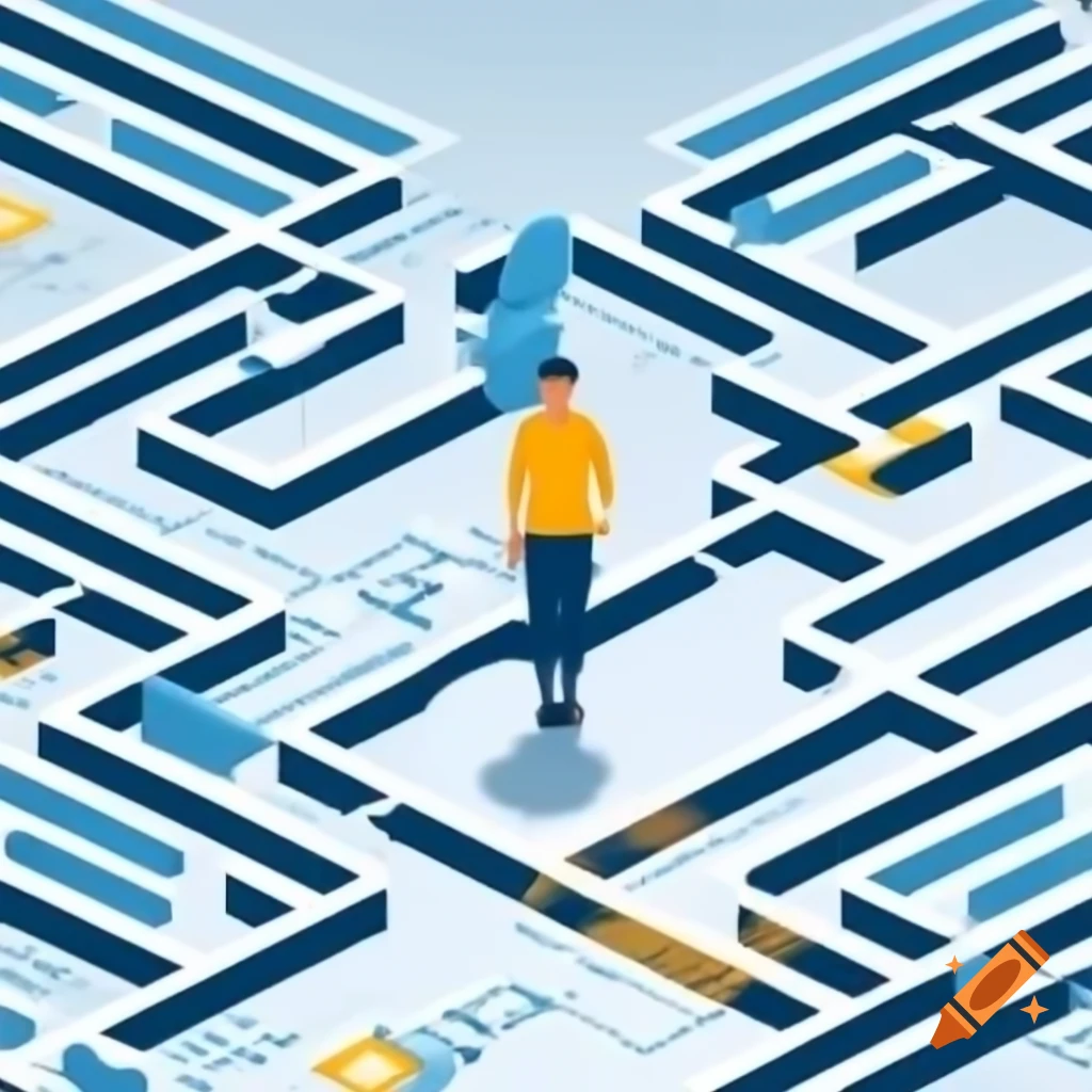 Person navigating business maze with paths and exit labeled 'Optimized Flow'