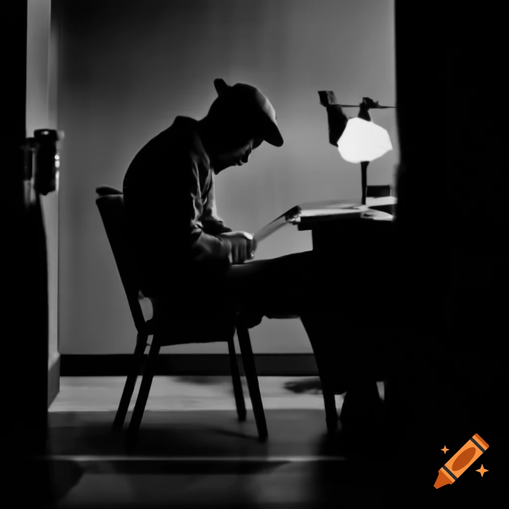Detective in dark room with case files and flickering lamp, noir atmosphere