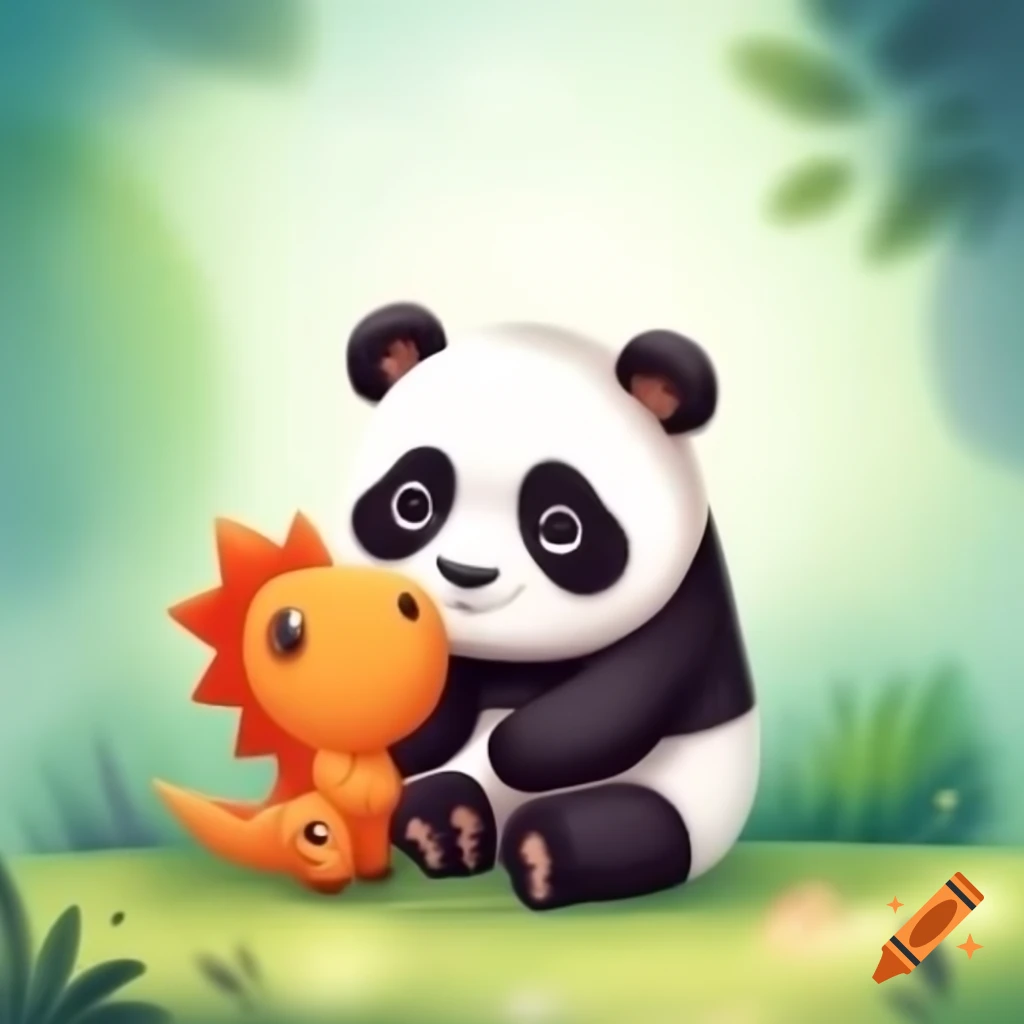Cute pandas playing with a dinosaur toy