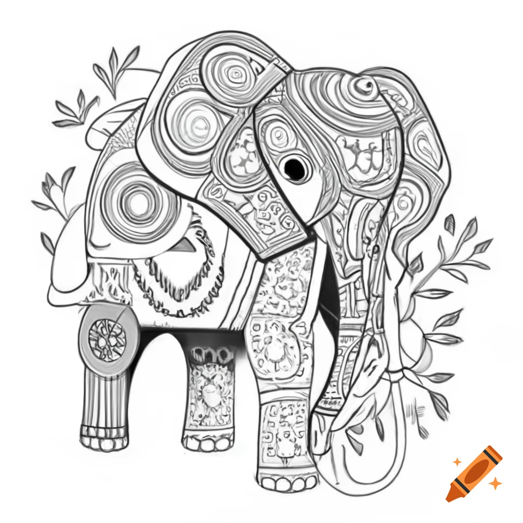 Intricate line art illustration of an elephant with geometric patterns surrounded by vegetation