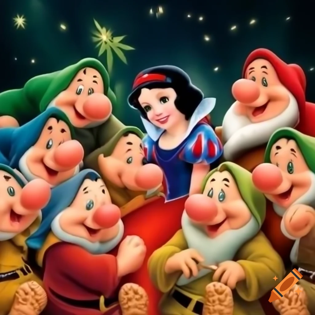 Snow White with the seven dwarfs in a classic fairy tale scene