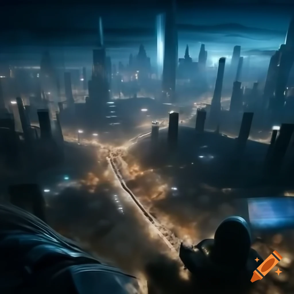 Futuristic city at dusk with neon lights and flying cars on Craiyon