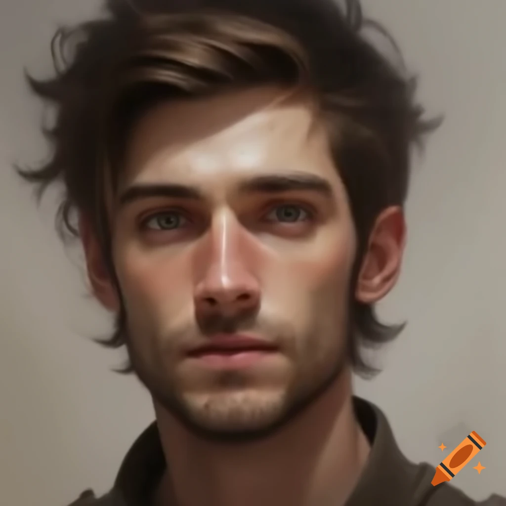 Sketch of a young European man with light brown, tousled hair, brown eyes, and freckles
