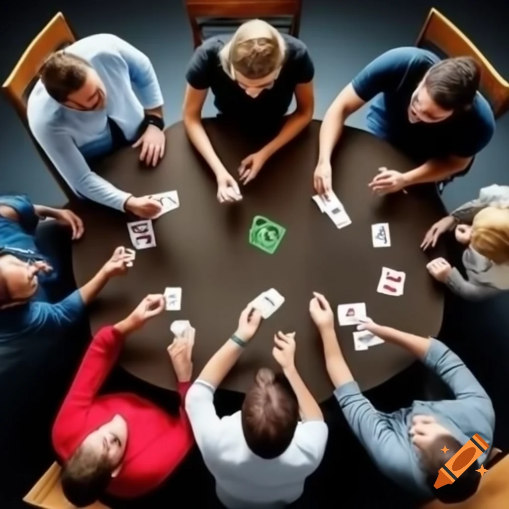 Group of people of various ages playing card game around table