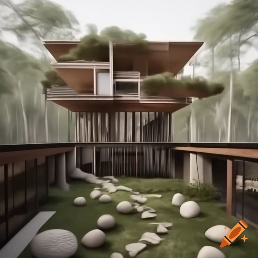 Modern dwelling integrated with ancient trees and natural boulders