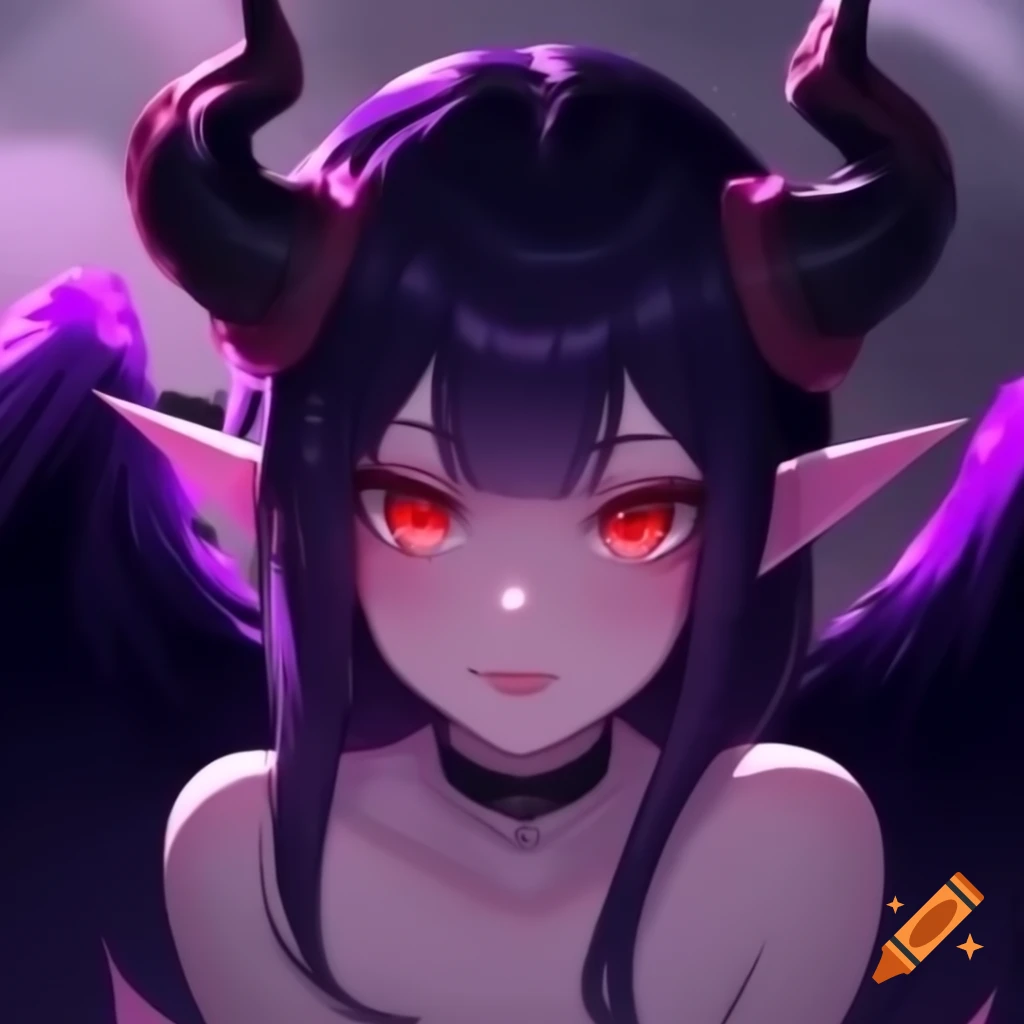 Anime character with black hair, purple demon features, and red eyes on ...