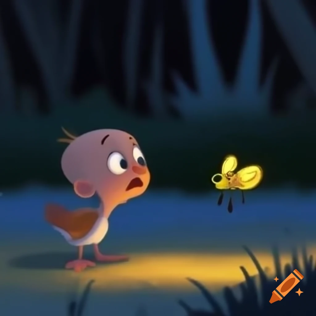 Scared baby bird next to firefly in night graphic