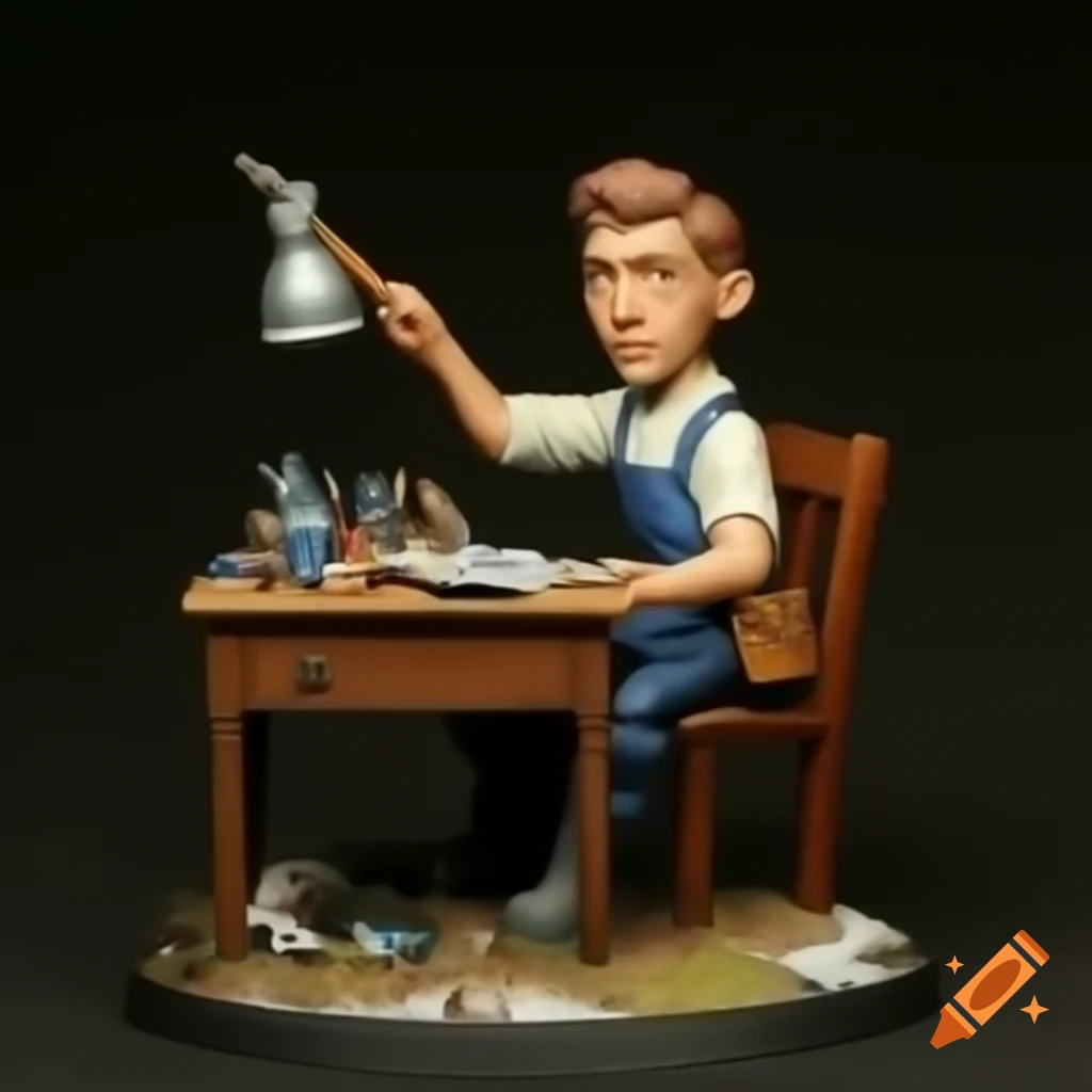 Young Caucasian miniature painter working at a messy desk