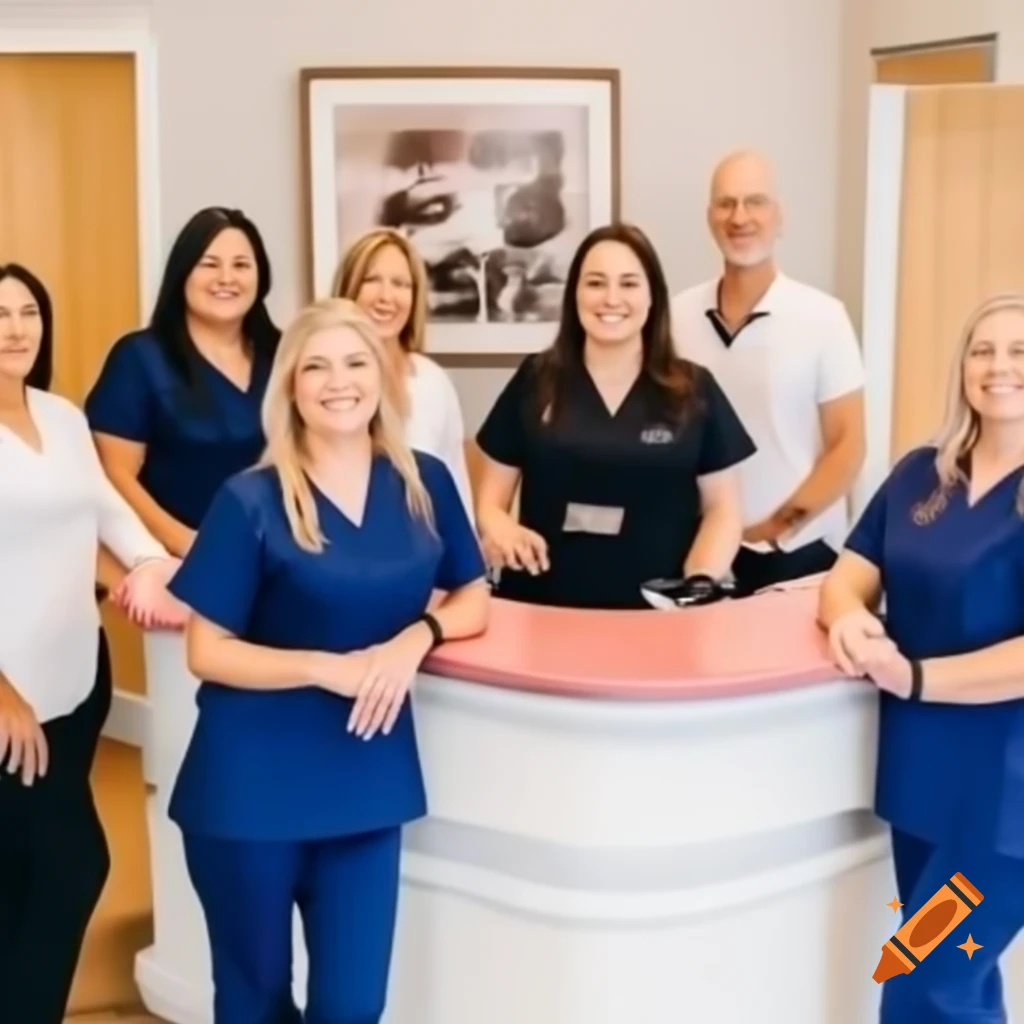 Friendly team of dentists at reception desk