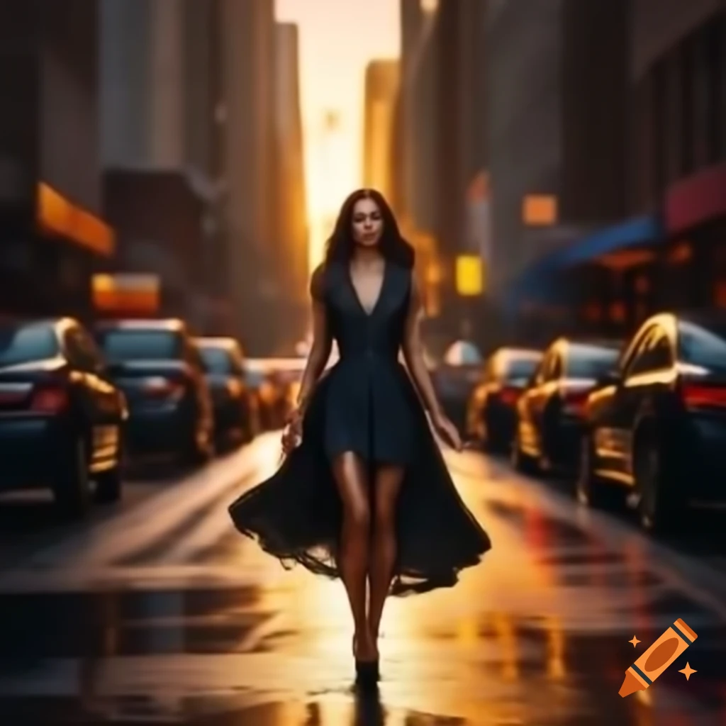 Elegant woman walking through city street at sunset with flowing hair ...