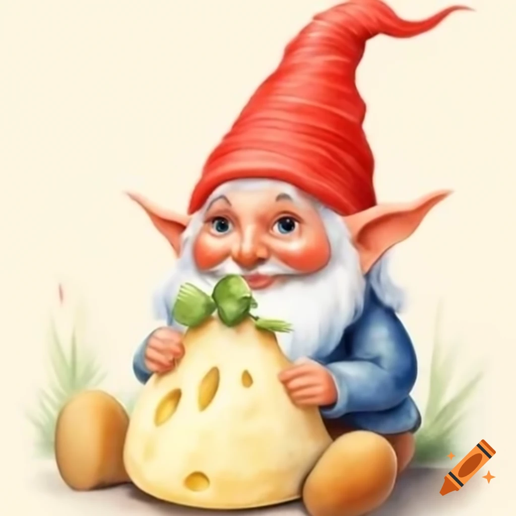 Historical vintage gnome with cheese, watercolor drawing