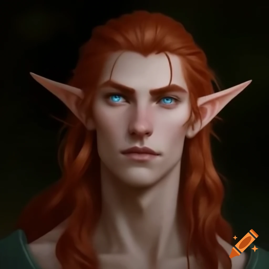 Striking elf with reddish-brown hair and intense blue eyes on Craiyon
