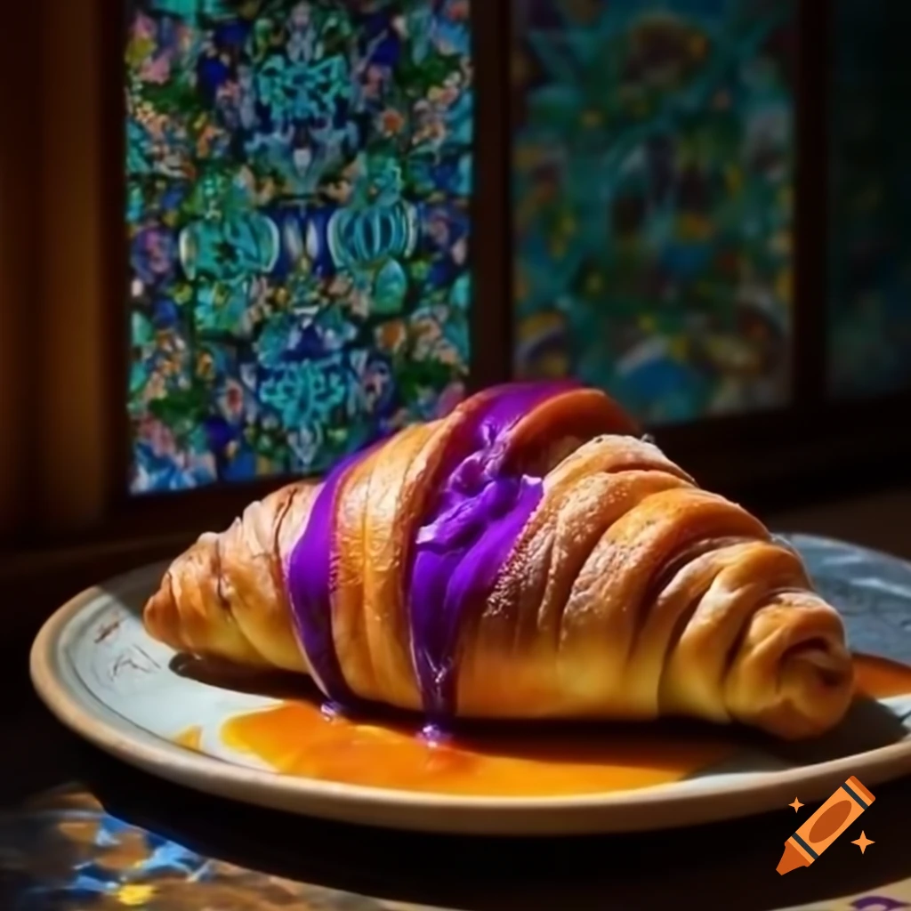 Golden croissant with saffron threads and açaí berry cream filling, professional food photography