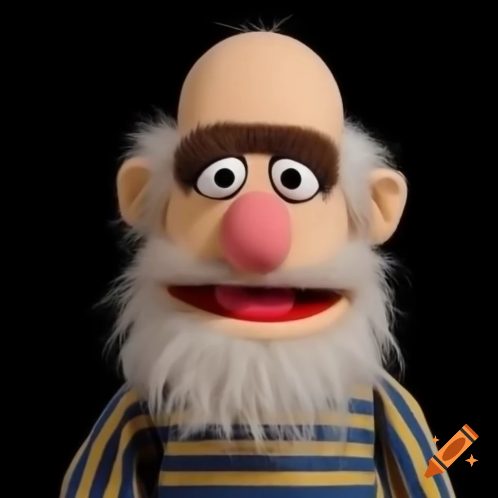 Bald-headed, white-bearded muppet character design