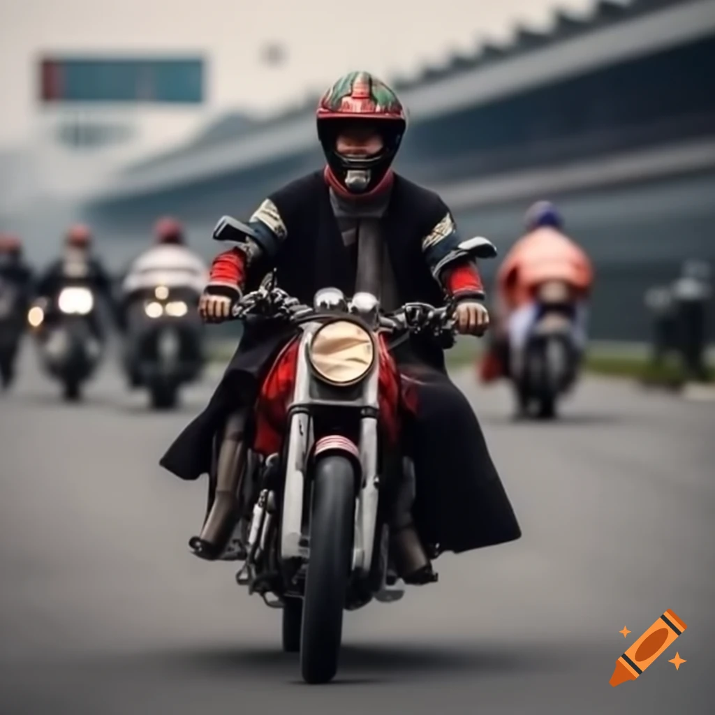Chinese man in traditional clothes riding motorbike on race circuit on ...