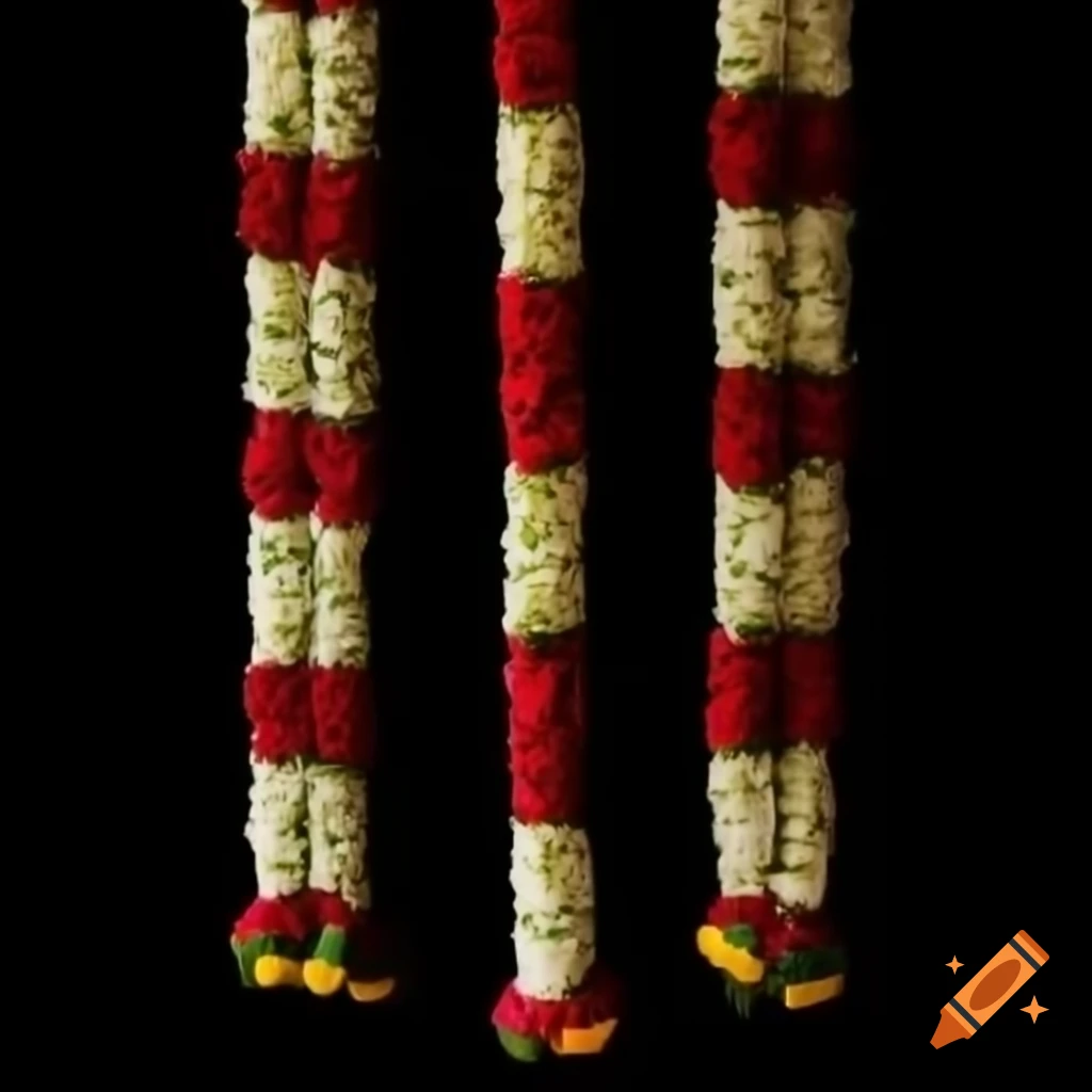 Indian wedding garlands with red, green, white, and yellow flowers on black background