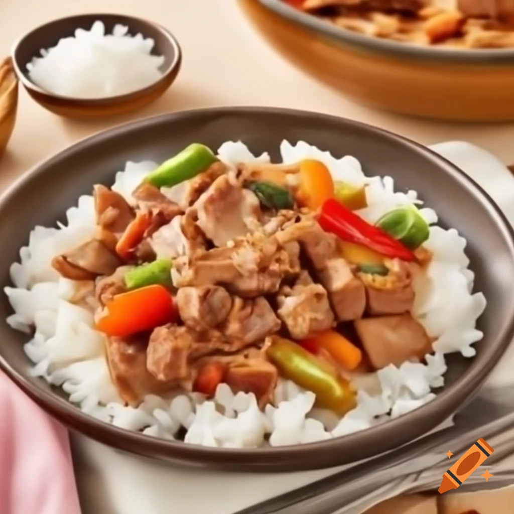 Sliced pork mixed with vegetables served on rice
