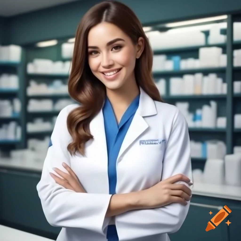 Smiling female pharmacist in modern pharmacy, full-body shot