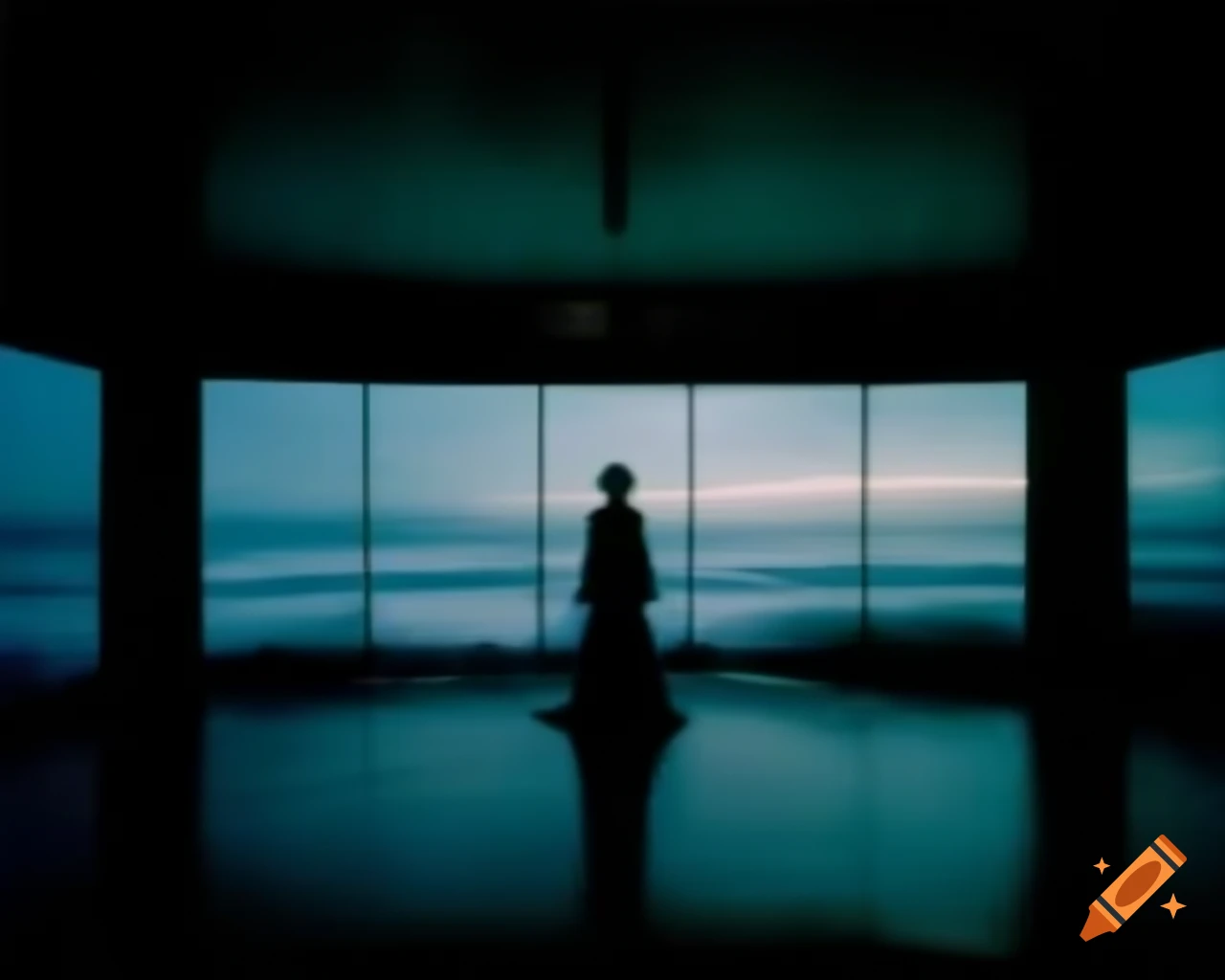 Silhouette in dim room transitioning to shimmering ocean under starry night sky
