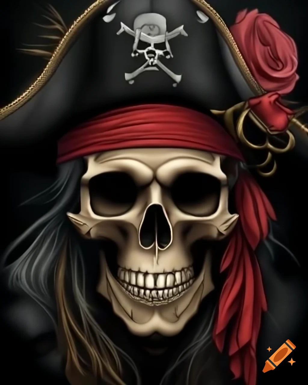 Pirate skull with tricorne hat, rose in mouth, and blindfolded eye in ...