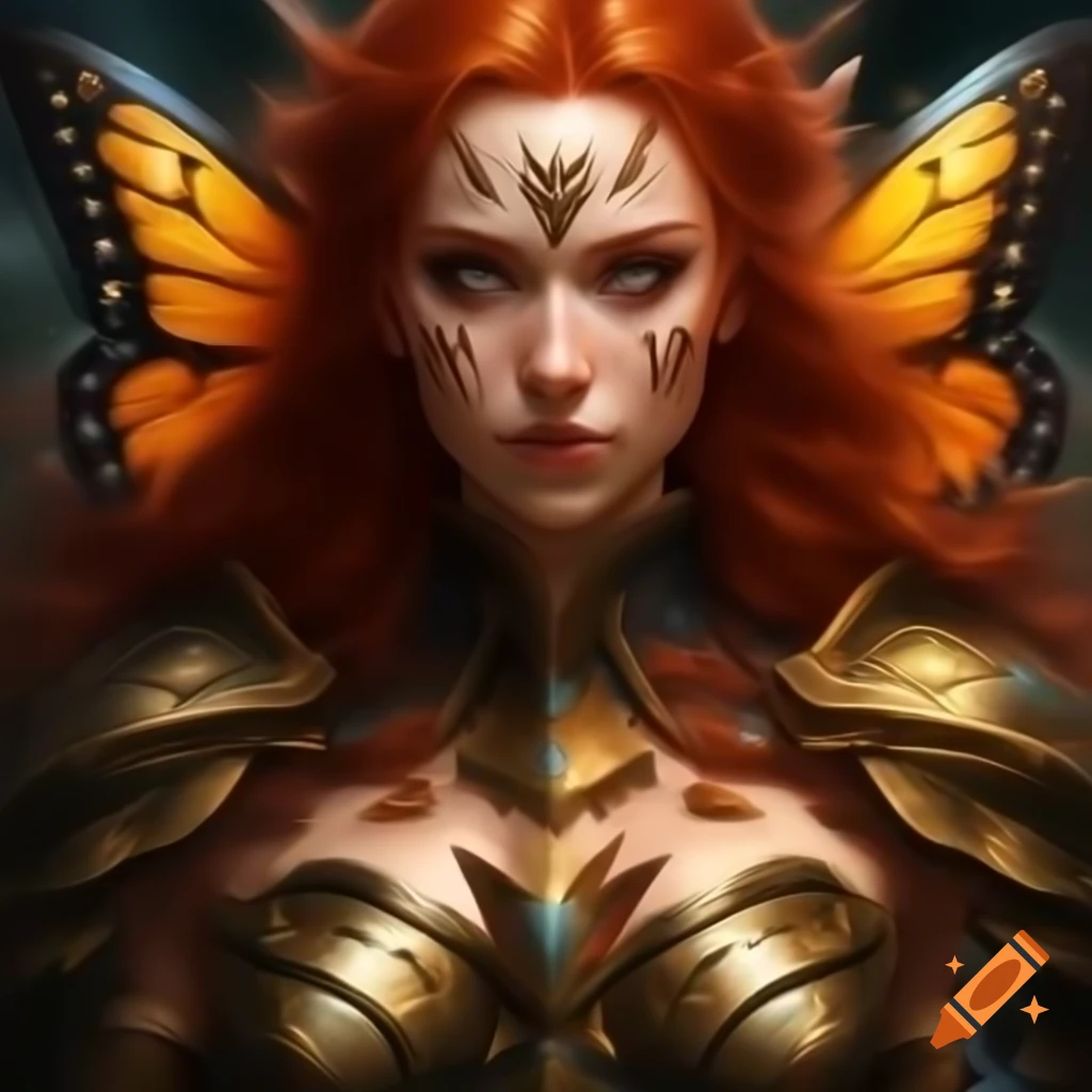 Portrait featuring striking long red hair and intricate golden armor on ...