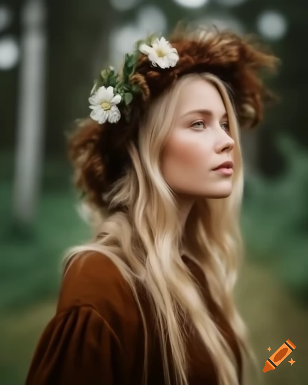 Nordic woman in cottagecore fashion, traditional conservative style