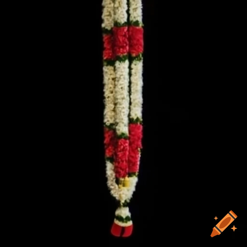 Indian wedding garlands with red, green, white, and yellow flowers on black background
