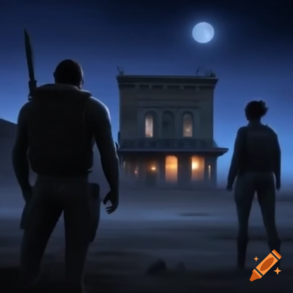 Silhouettes of two figures with pistols outside a weathered 1889 saloon under moonlight