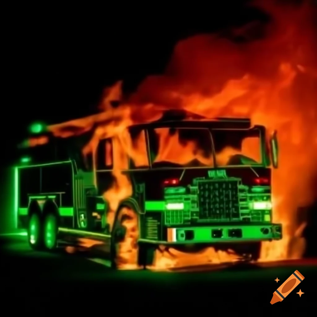 Fire truck car parts in green and red tones
