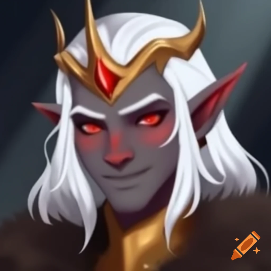 Dark elf king with white hair and red eyes in a gold crown on Craiyon