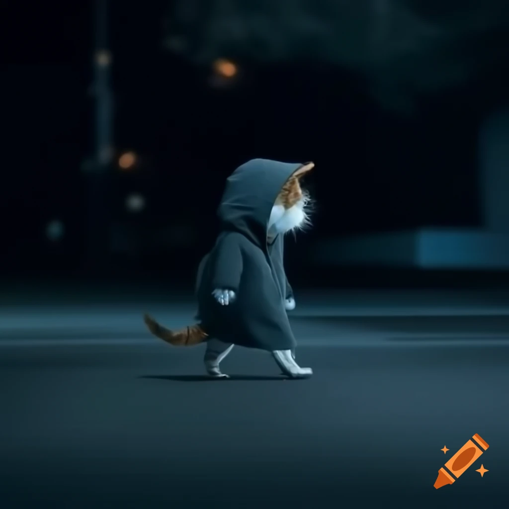 Lonely cat in hood walking at night