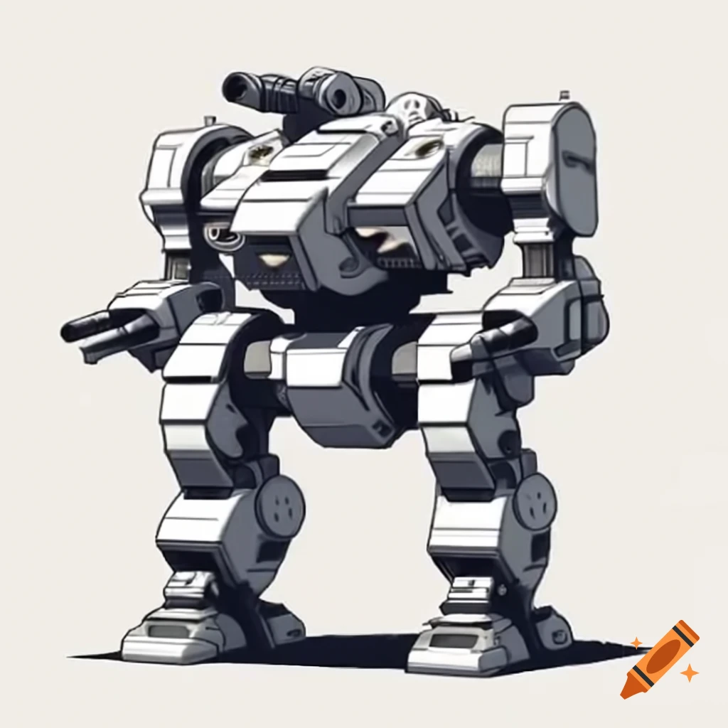 Line drawing of mech with stainless steel armor and twin cannons on Craiyon