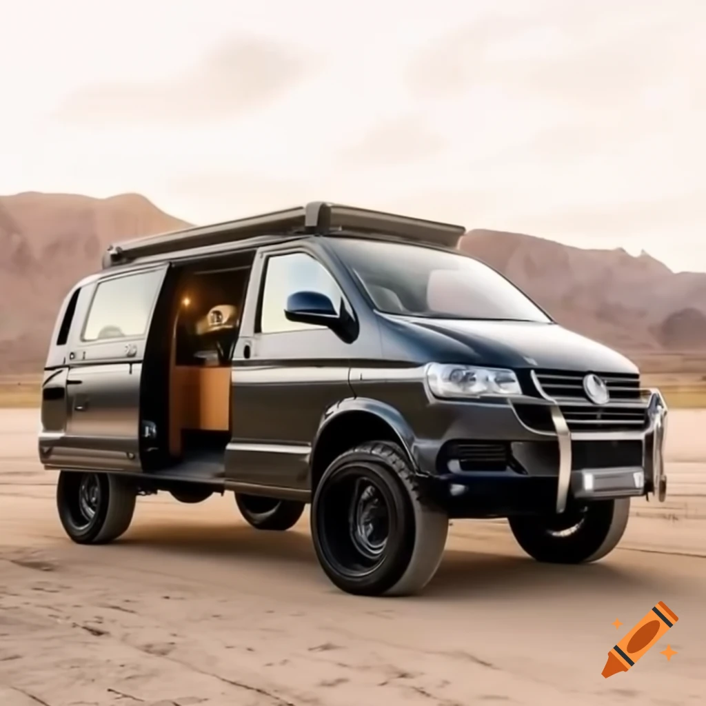 VW T5 Caravelle off-road vehicle with black body and grey roof, featuring two sliding doors