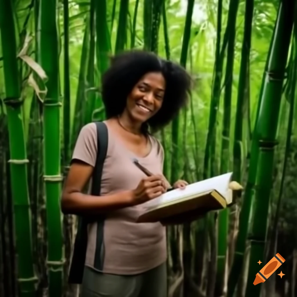 Female journalist in bamboo forest using bamboo for note-taking