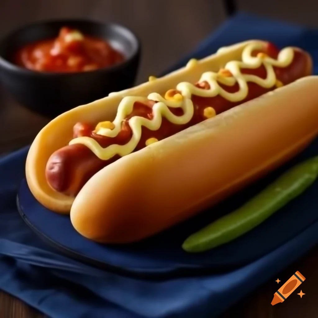 Hotdog with relish and chili on blue background in ultraHD