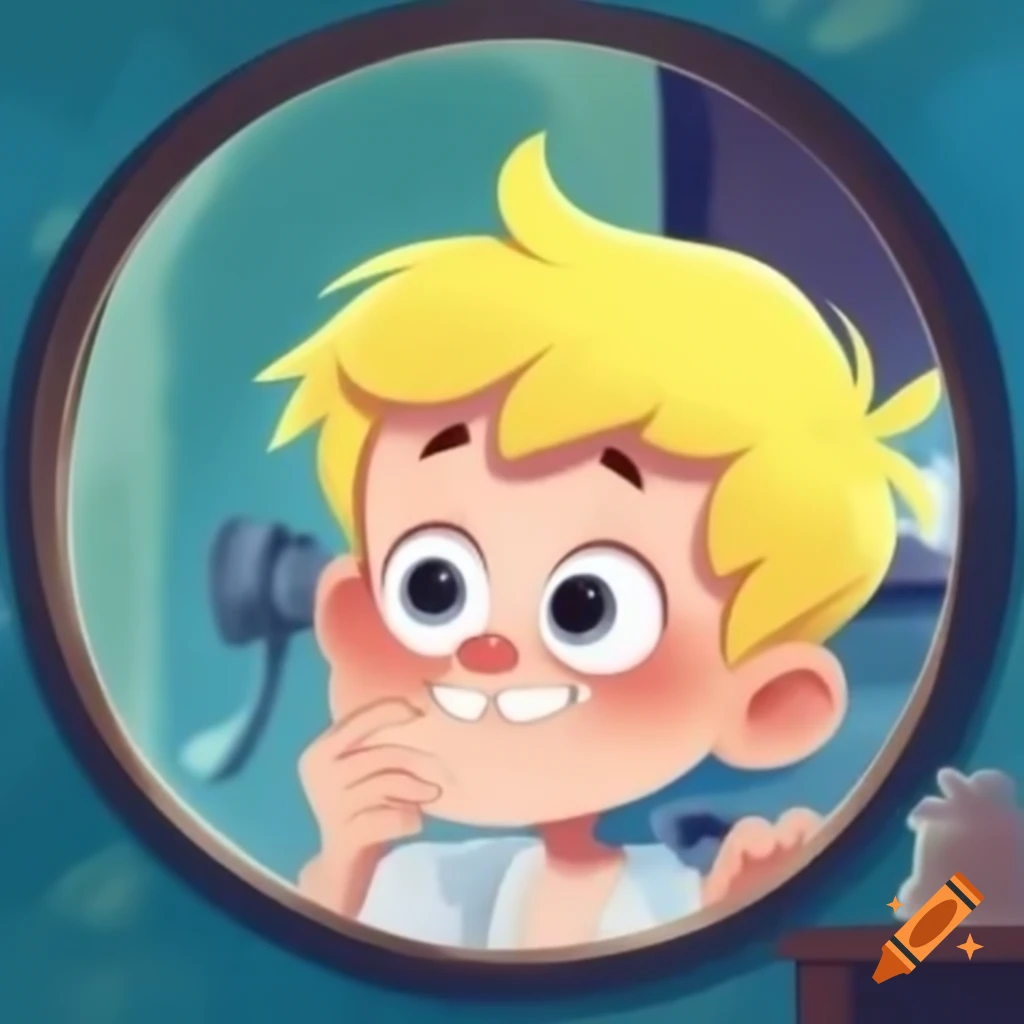 Boy with yellow hair and gray eyes admiring his smile in the mirror